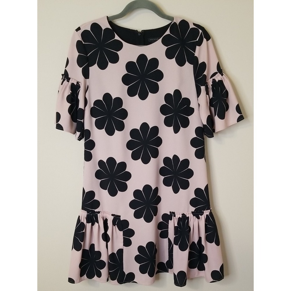 Ann Taylor Dress Women 6 Black Flower Dusty Pink Floral Shift Ruffles Career